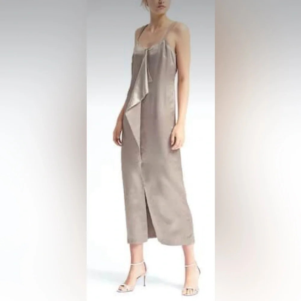 Banana Republic HERITAGE Strappy Cascade Front vintage taupe maxi dress, size 10